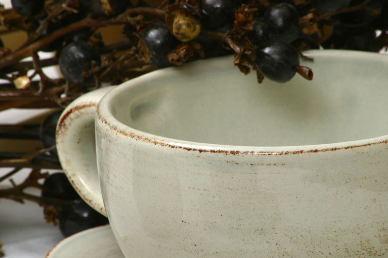 Close-up of a light-colored ceramic cup with a rustic brown rim and dark berries in the background